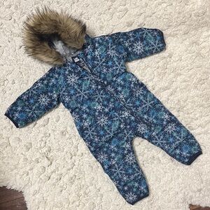 Kids Blue Snowflake Snowsuit with Faux Fur Hood - Lands End